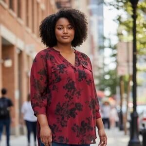 Torrid Harper Blouse 5X Red Floral Semi Sheer Whimsygoth Boho Romantic